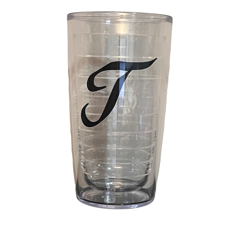 Tervis 16 oz Clear Tumbler Cup Black Script Letter T